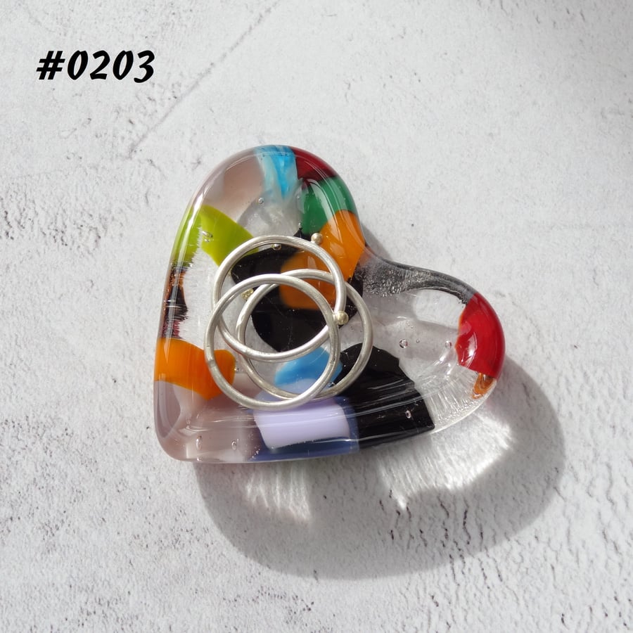 Multi-coloured heart shaped fused glass ring dish, 5cm approx (0203)