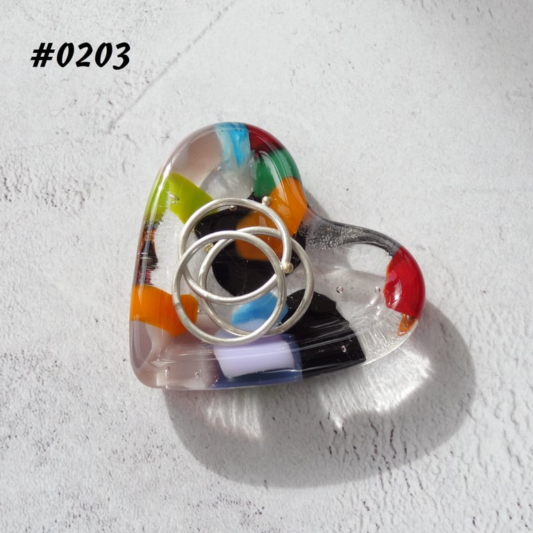 Multi-coloured heart shaped fused glass ring dish, 5cm approx (0203)