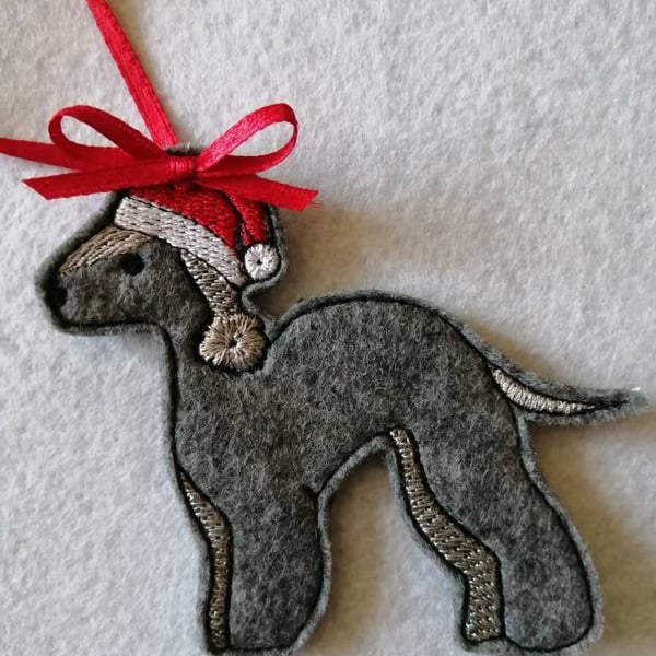 757. Bedlington Terrier with Santa hat Christmas tree hanging ornament.