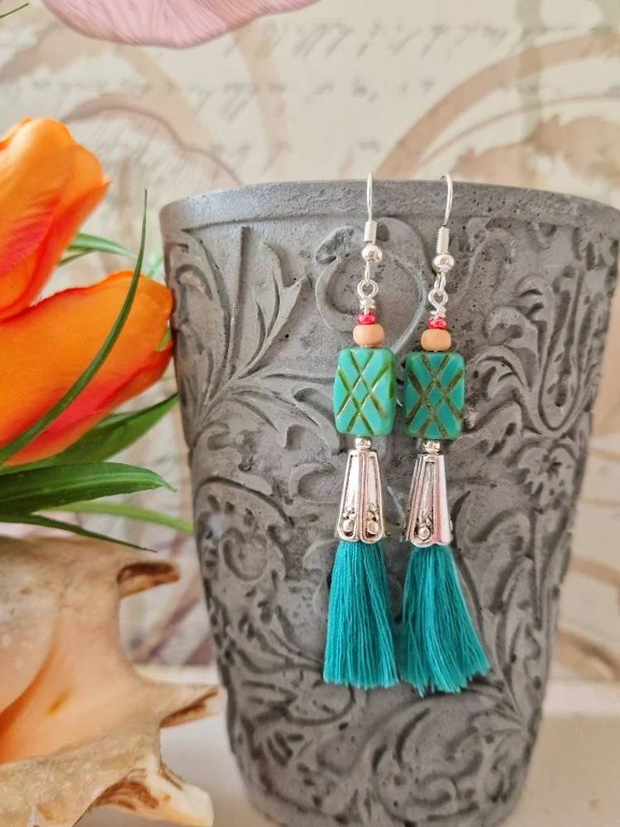 Long Teal Tassel Earrings