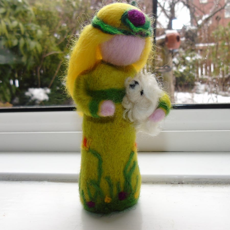 Needlefelt figure - Spring holding a lamb - daffodils and primulas on her dress