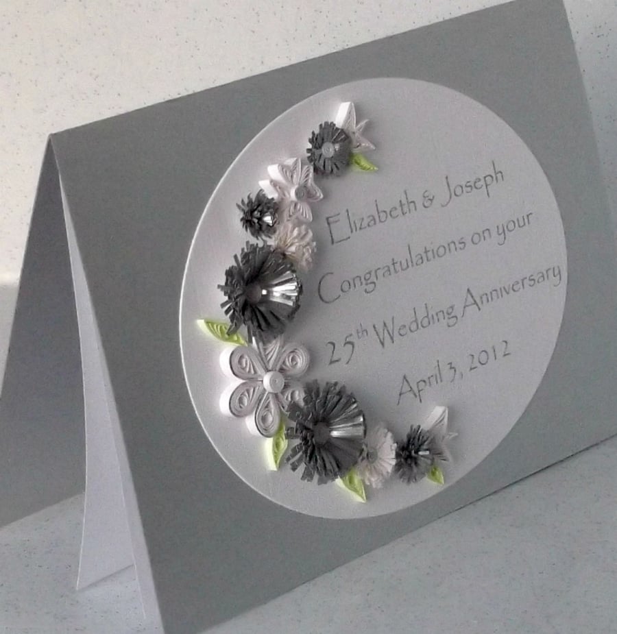 Silver wedding anniversary card, quilling, paper quilled