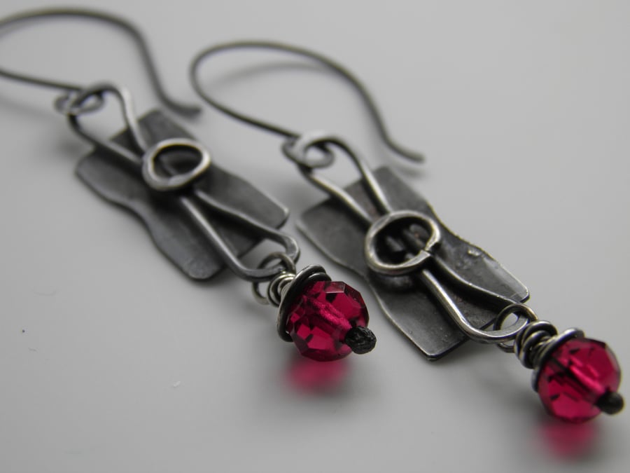 Oxidised Sterling Silver Earrings Raspberry Red Handcrafted