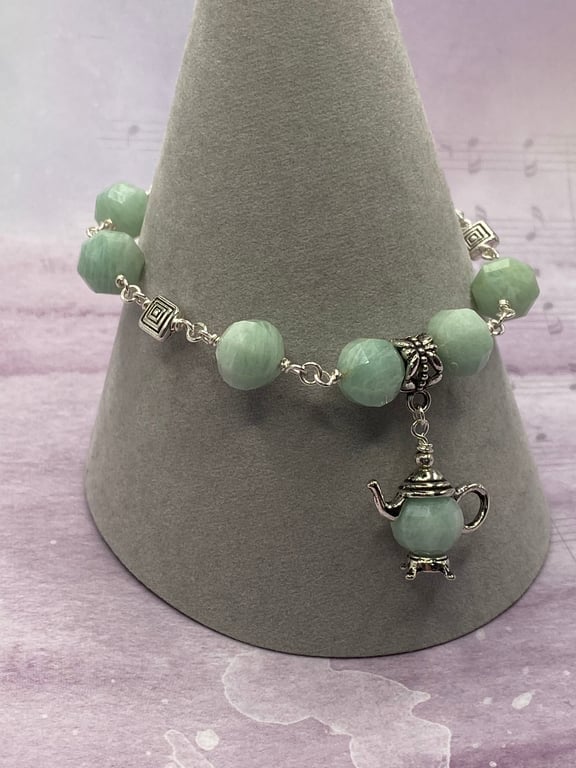 Amazonite stone bracelet with silver teapot charm