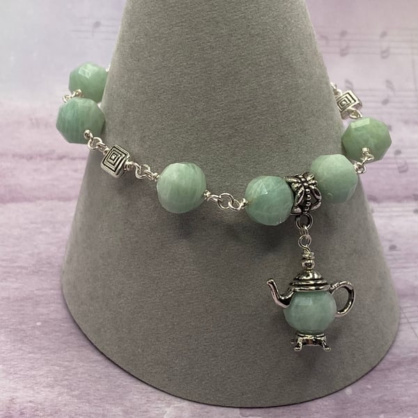 Amazonite stone bracelet with silver teapot charm