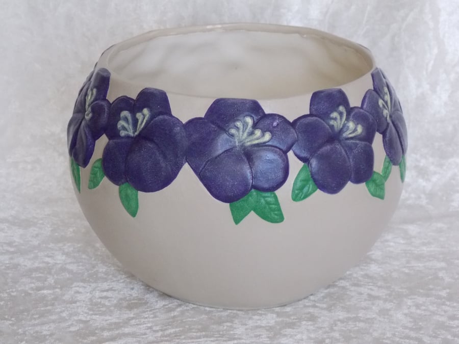 Hand Painted Ceramic Round Beige And Purple Flowers Large Plant Pot Holder.