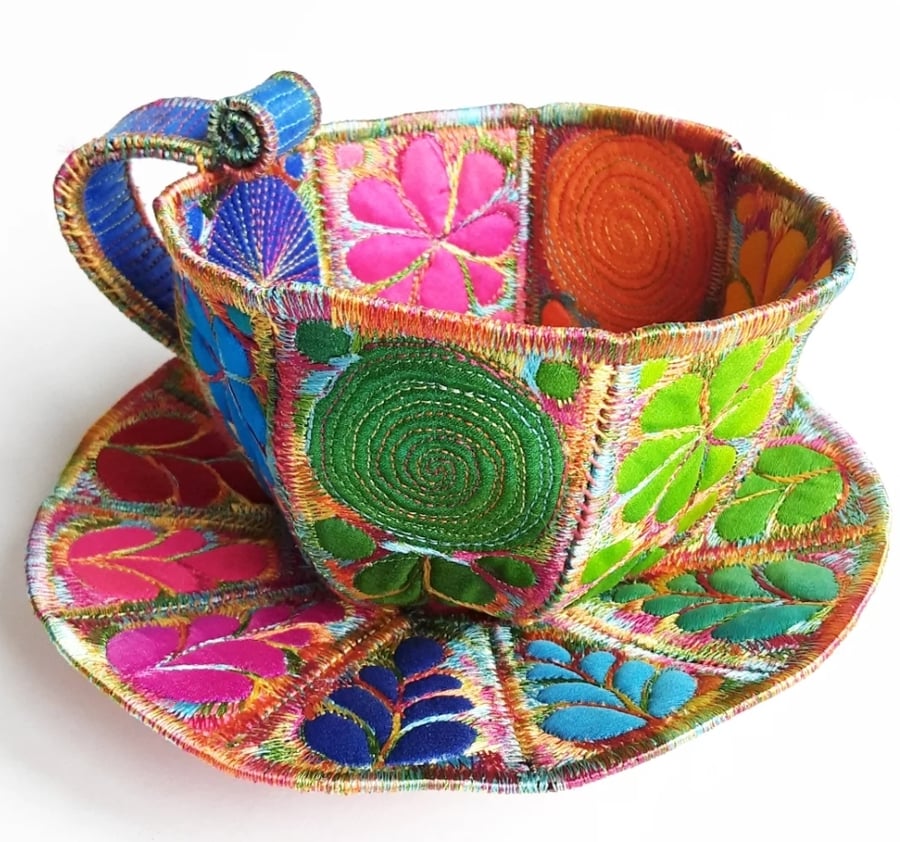 Teacup and Saucer Textile Art Free Machine Embroidery 