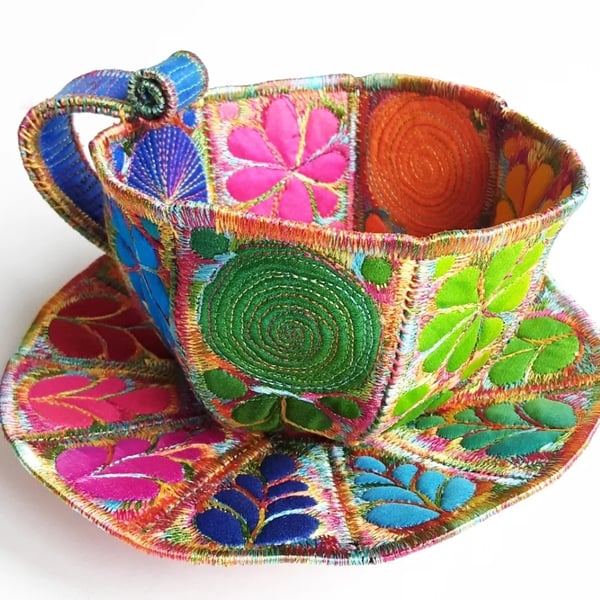 Teacup and Saucer Textile Art Free Machine Embroidery 
