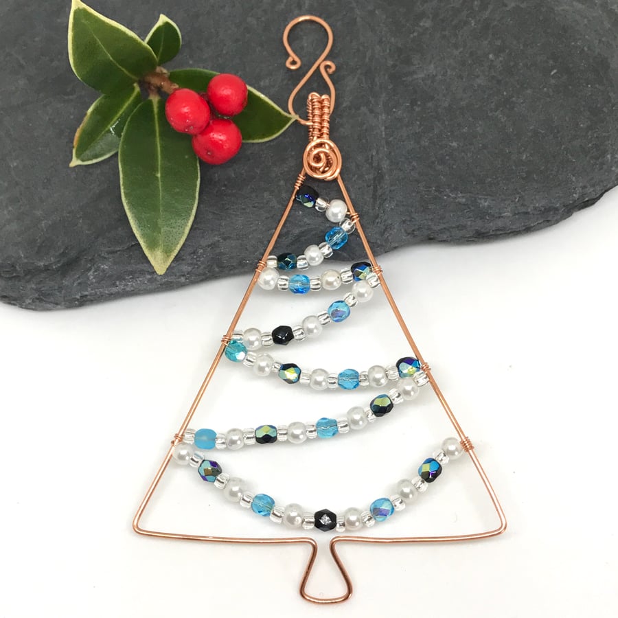 Copper Decoration with Blue Crystals, Christmas Tree, Festive Gift