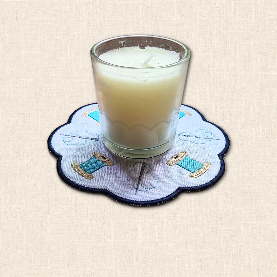 Needle and Thread Candle Mat - Embroidered Sewing Lover Decor