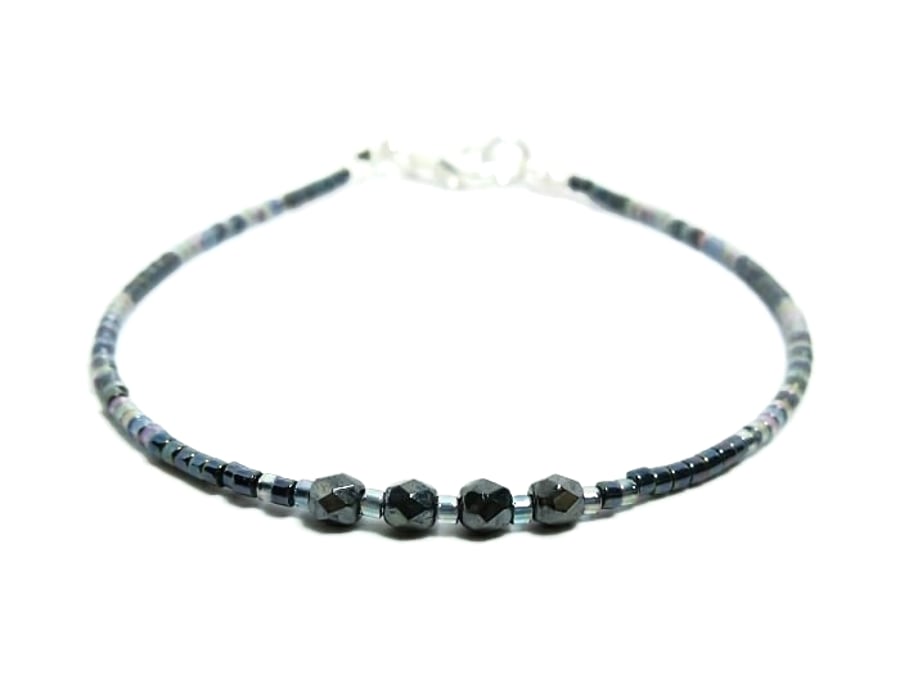 Blue & Grey Dainty Seed Bead Friendship Boho Bracelet - 6.5" - 8.5"