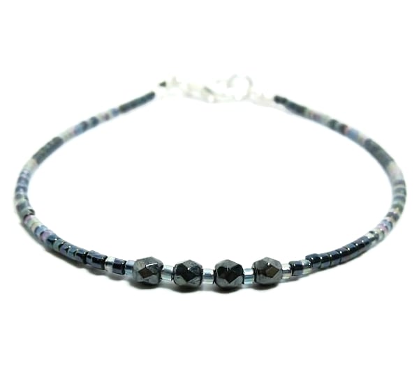 Blue & Grey Dainty Seed Bead Friendship Boho Bracelet - 6.5" - 8"