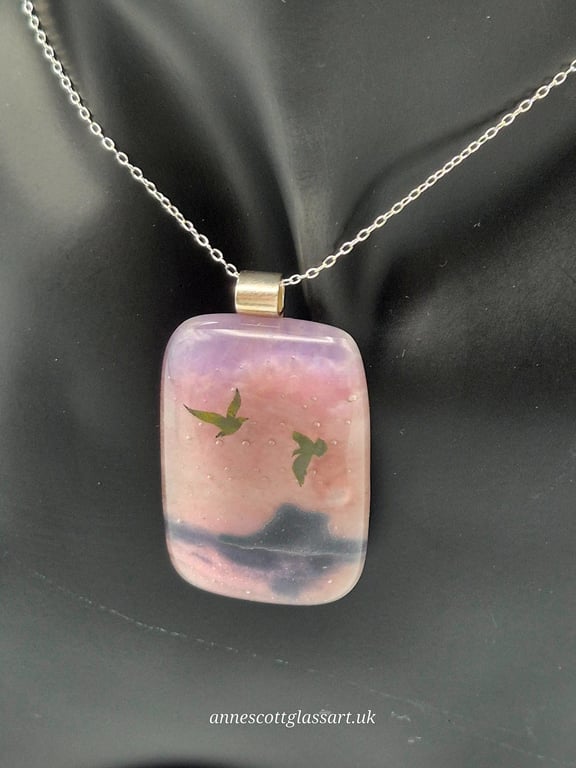 Birds over Holy Island, Fused Glass Pendant with Sterling Silver Findings