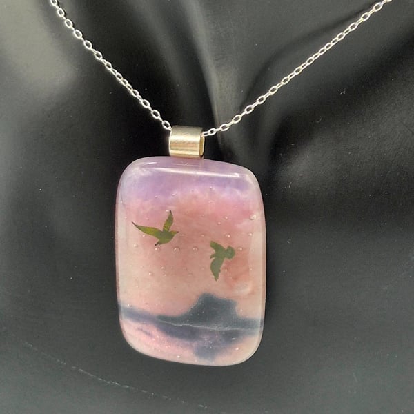 Birds over Holy Island, Fused Glass Pendant with Sterling Silver Findings