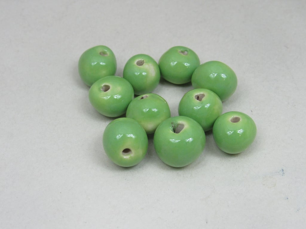 10 Small Apple Green Glazed Clay Beads