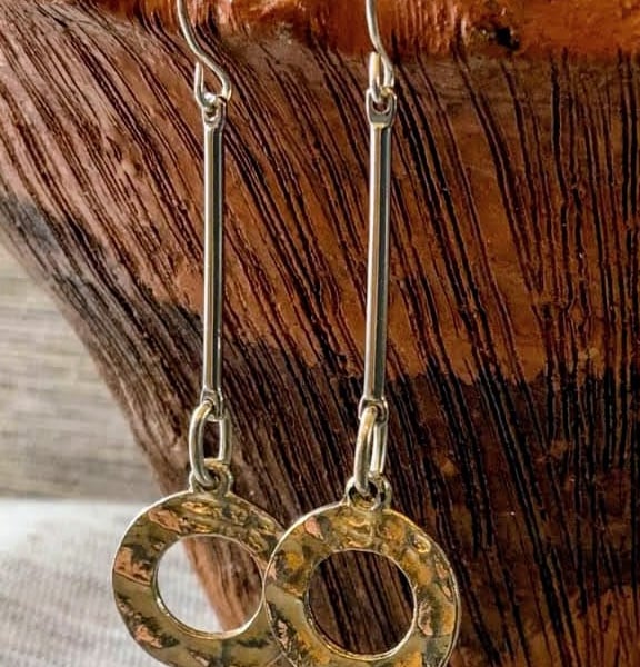 Hammered loop earrings on long bar pin.