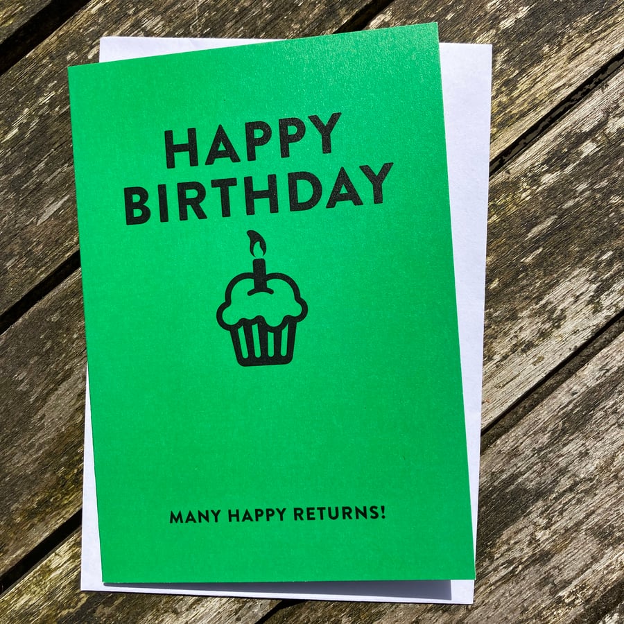 Vintage Typographic Style Birthday Card with Cake Graphic (Green)