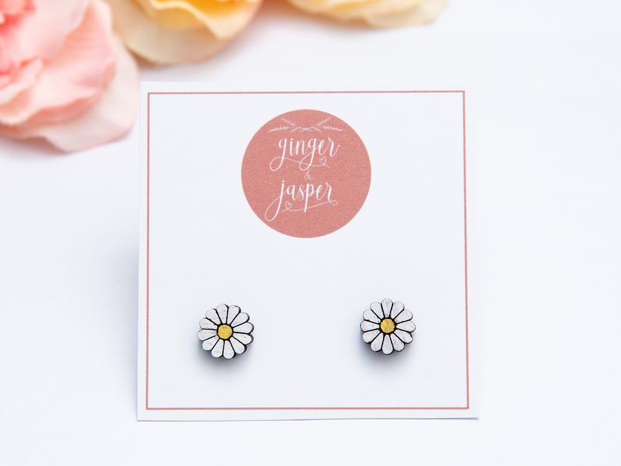 Hand Painted Wooden Daisy Earrings, Daisy Studs, Daisy Earrings, Daisies