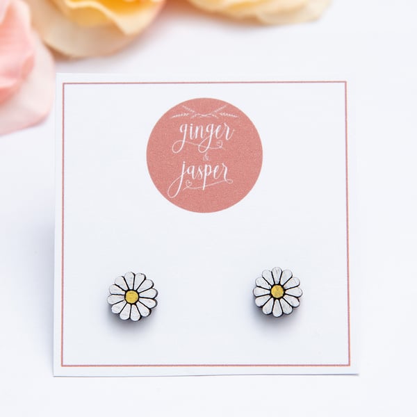 Hand Painted Wooden Daisy Earrings, Daisy Studs, Daisy Earrings, Daisies