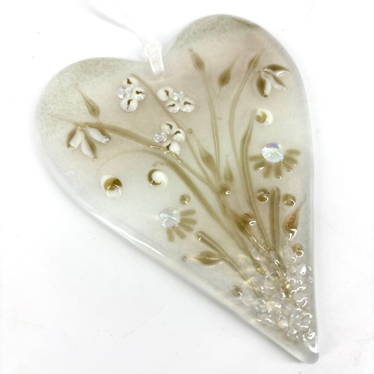 Glass Floral Meadow Heart  in Neutral Colours 