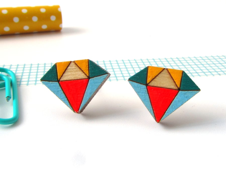 Geometric Diamond Crystal Wooden Earrings