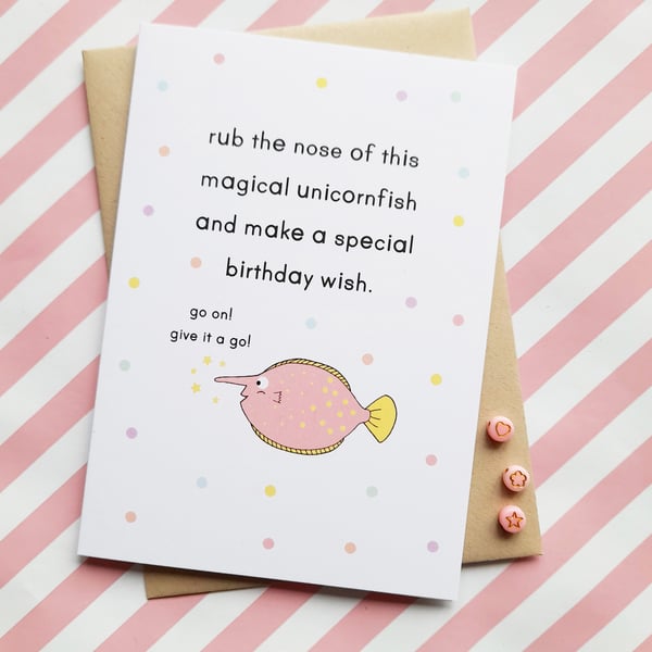 magical unicornfish A6 birthday card, cute birthday card