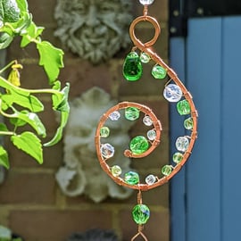 Pretty Green and Copper spiral suncatcher handmade wirewrapped 