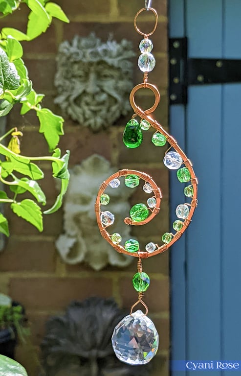 Pretty Green and Copper spiral suncatcher handmade wirewrapped 