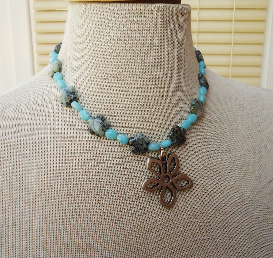 African Turquoise and Larimar Necklace, Trquoise and Larimar Pendant, Flower 