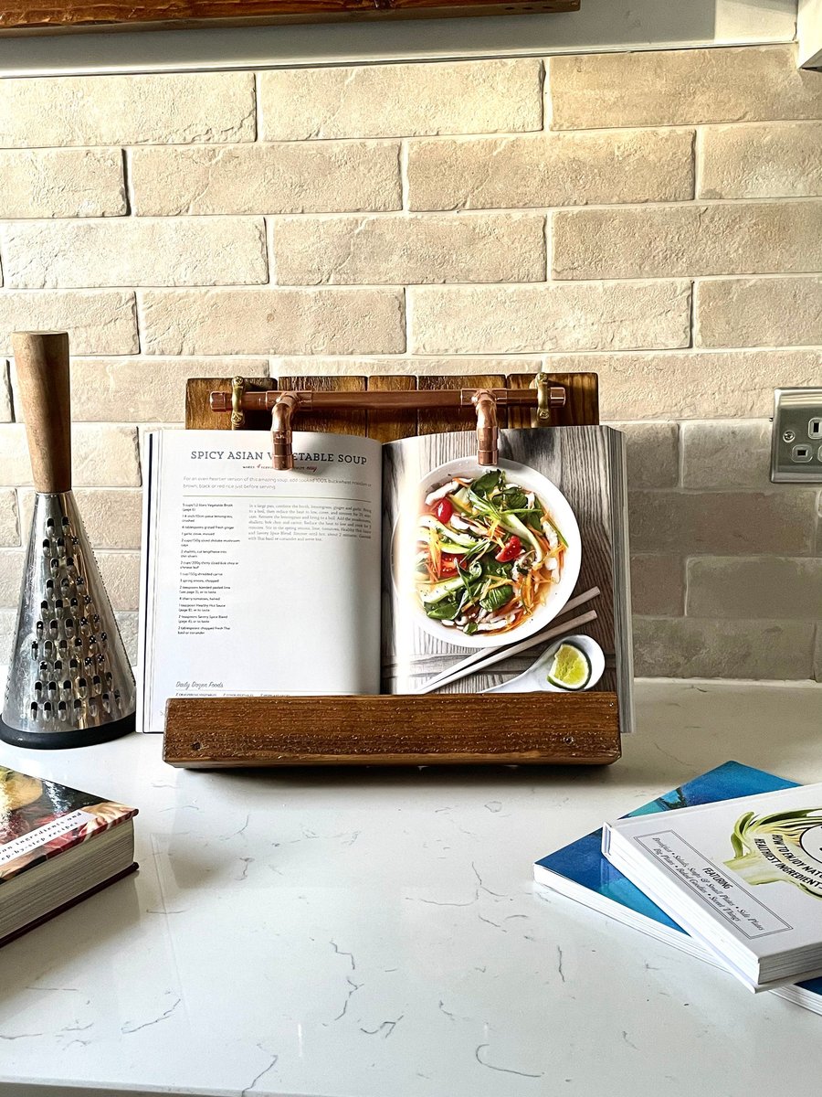 Cookbook Stand, Stained Natural Timber & Copper Recipe Holder,Larger Book Stand,