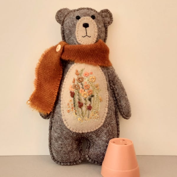 Teddy bear, hand sewn woodland bear, OOAK hand embroidered keepsake 