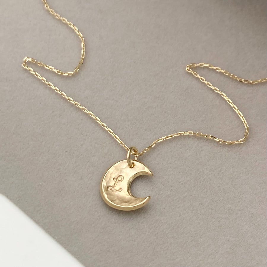 Handmade 9ct yellow, rose or white gold moon charm pendant and chain 