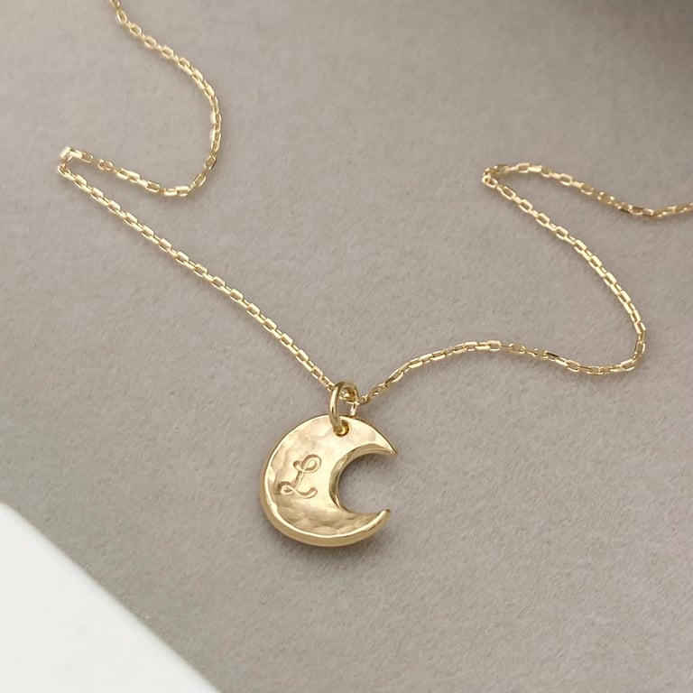 Handmade 9ct yellow, rose or white gold moon charm pendant and chain 