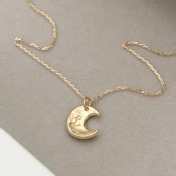 Handmade 9ct yellow, rose or white gold moon charm pendant and chain 