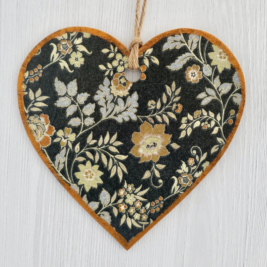 Decoupaged Wooden Hanging Heart: Floral design 6” (15cm)