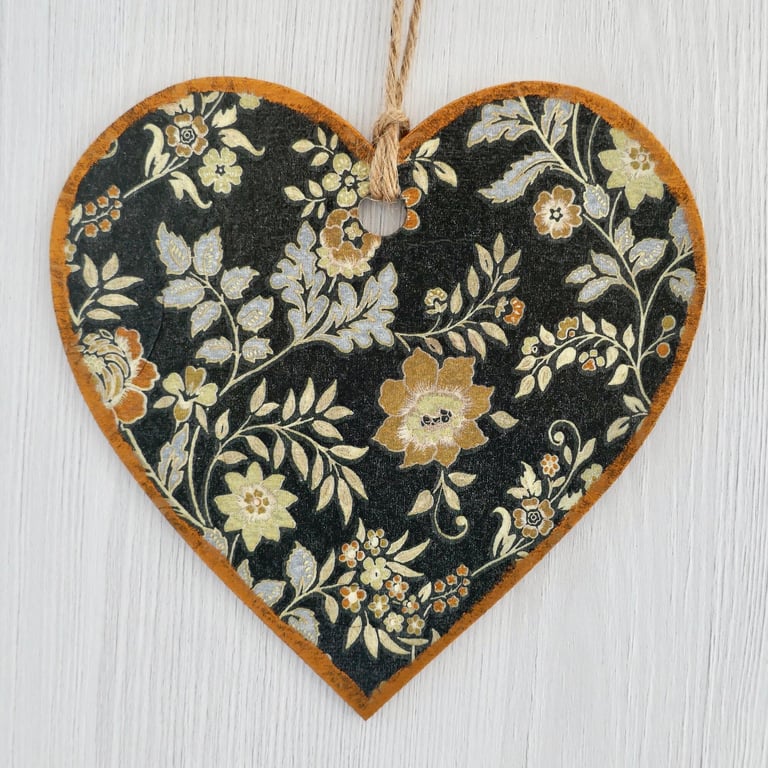 Decoupaged Wooden Hanging Heart: Floral design 6” (15cm)