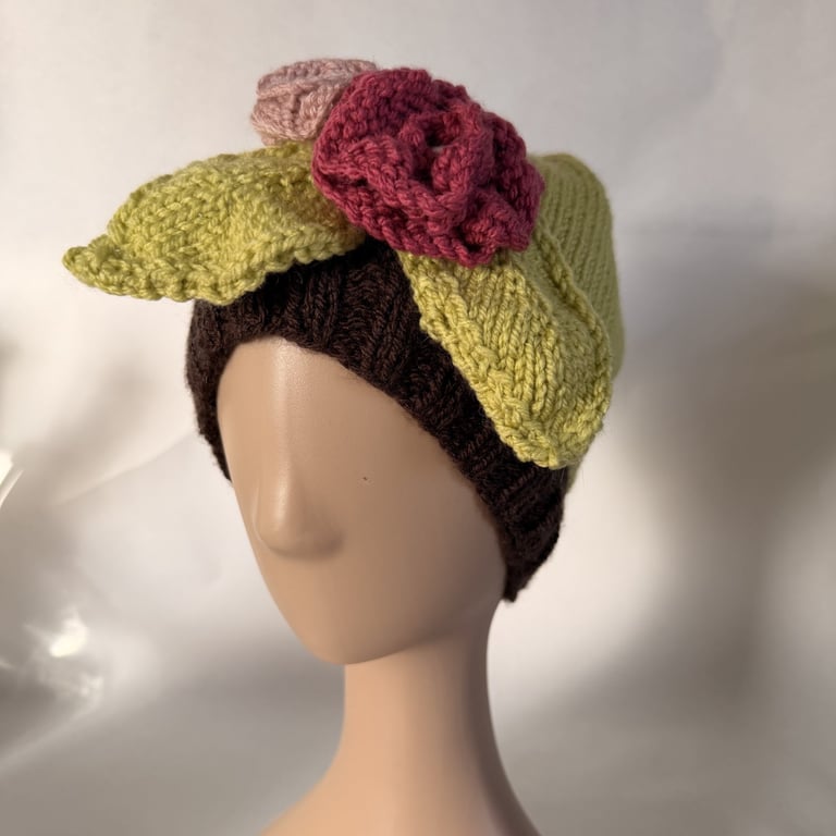 Hand Knitted Beanie Hat with Rose and Leaf Decoration