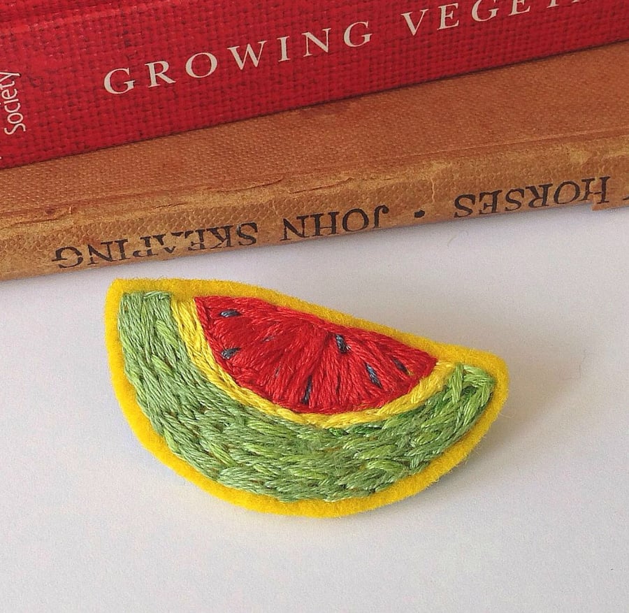 Brooch, Hand Embroidered Watermelon 