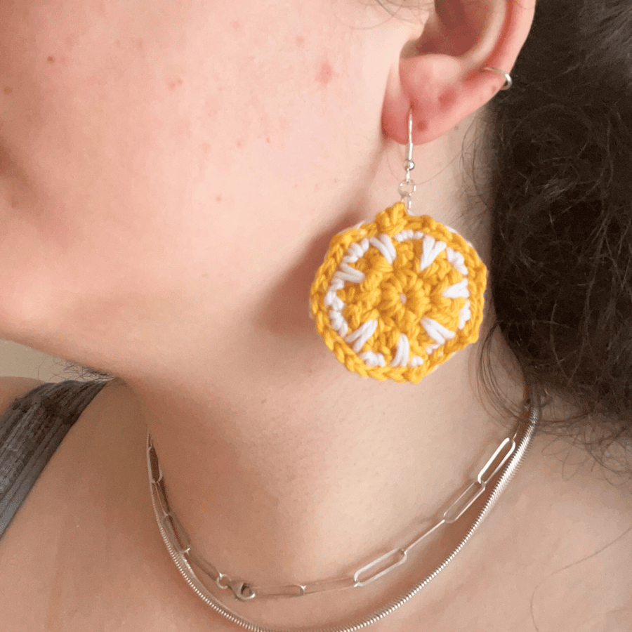 Handmade crochet lemon slice earrings - Free postage