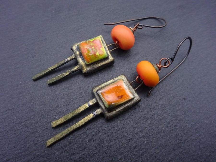orange lampwork glass earrings, copper and ceramic jewellery