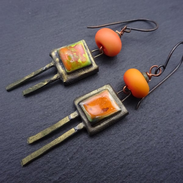 orange lampwork glass earrings, copper and ceramic jewellery
