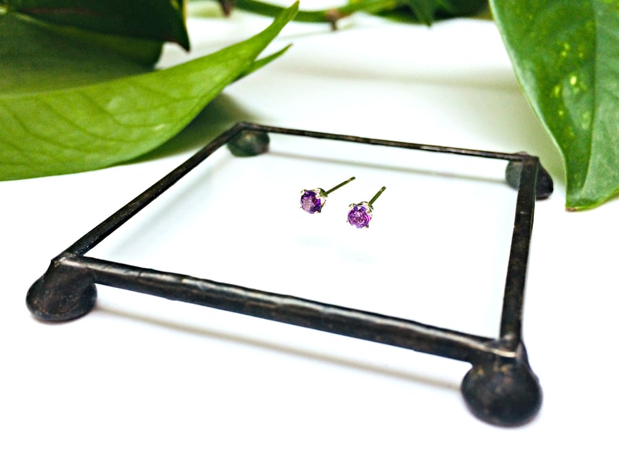 Amethyst & Silver - small studs - small earrings - purple studs - gemstone