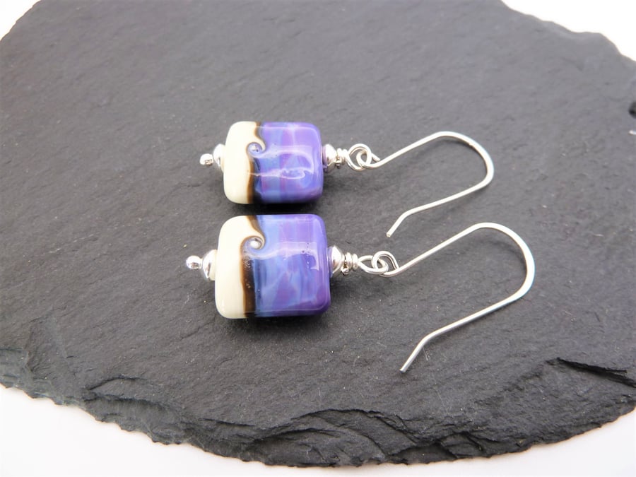 sterling silver earrings, ivory and purple lampwork glass jewellery