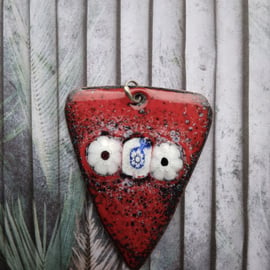 Red pendant in enamelled copper with millefiori on recycled copper 244