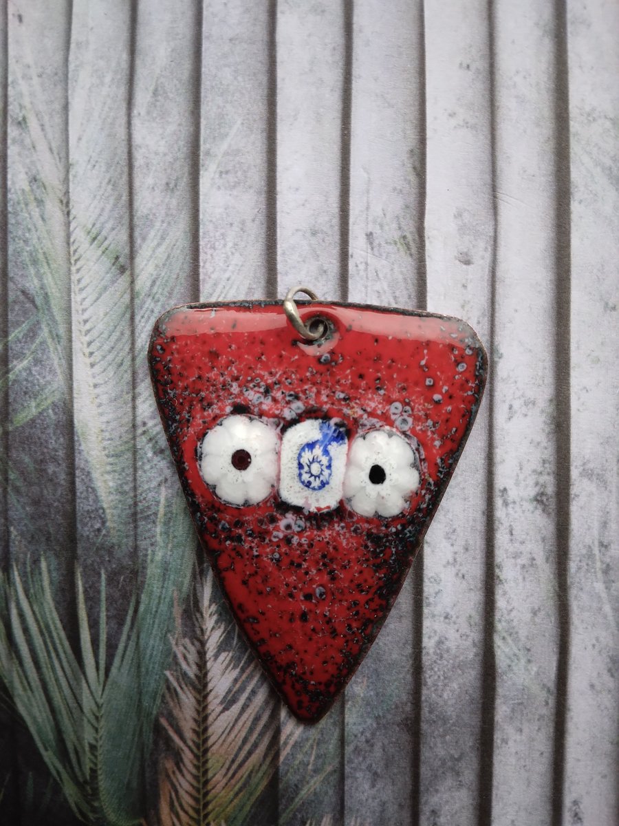 Red pendant in enamelled copper with millefiori on recycled copper 244