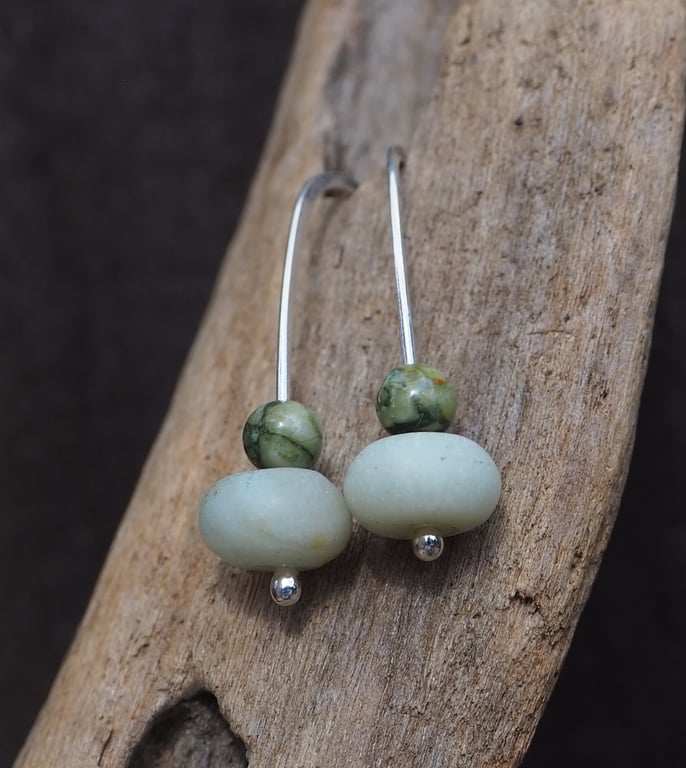 Frosted Amazonite and Rhyolite bead drop earrings, silver threader bead earrings