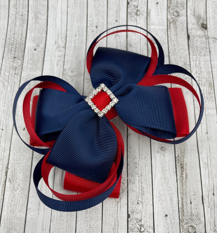 Large 5 inch Navy and Red Double Layer Bow with Double Loops