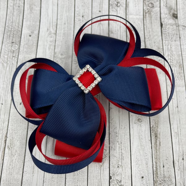Large 5 inch Navy and Red Double Layer Bow with Double Loops