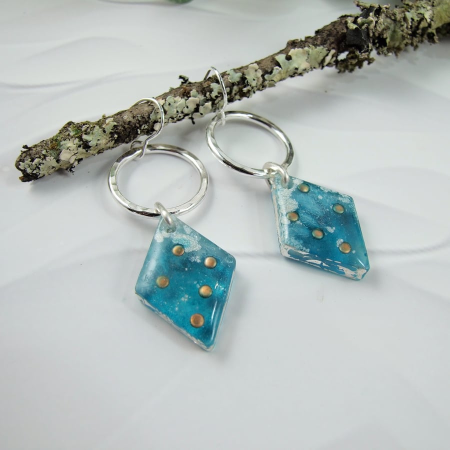 Earrings, Sterling Silver and Resin Art. Sky Blue with Copper Accents