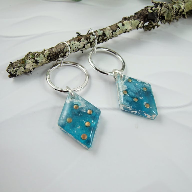 Earrings, Sterling Silver and Resin Art. Sky Blue with Copper Accents